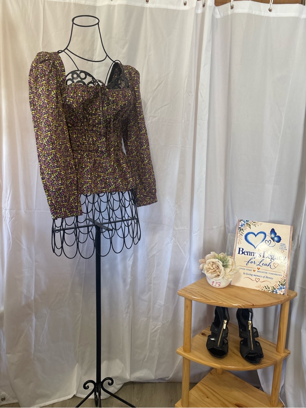 J. Crew Purple Floral Smocked Peplum Long-Sleeve Blouse